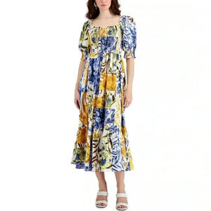 INC Puff Short Sleeve Floral Print Smocked Dress Tropical Colorful Flowy L